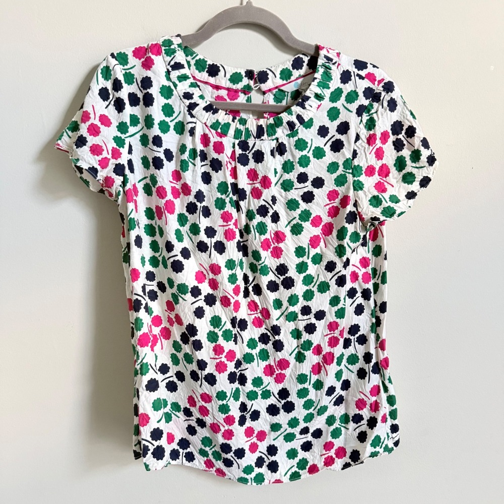 Boden Womens Silk Blend Floral Shamrock Clover Blouse Pink Green Blue Sz 10